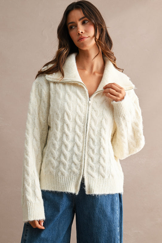 Celeste Cable Knit High Neck Fuzzy Knit Zip Up Cardigan - Ecru