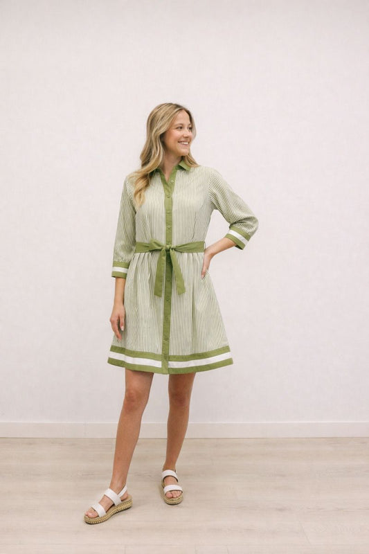 Celeste Striped 3/4 Sleeve Collared Mini Dress - Matcha Green