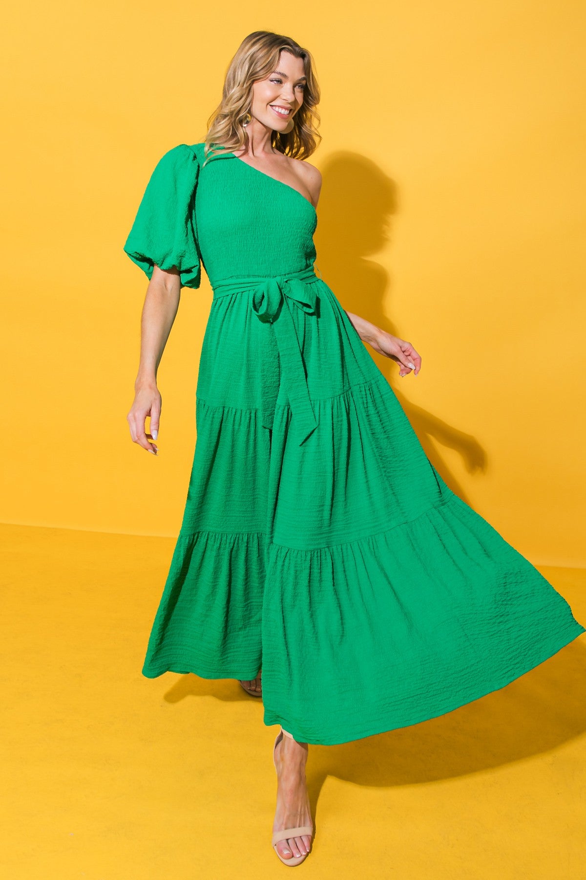 Celeste One Shoulder Smocked Bodice Woven Midi Dress - Kelly Green