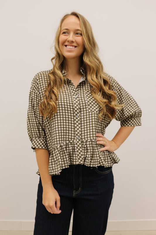 Charlie Short Sleeve Relaxed Peplum Gingham Print Blouse - Olive Multi