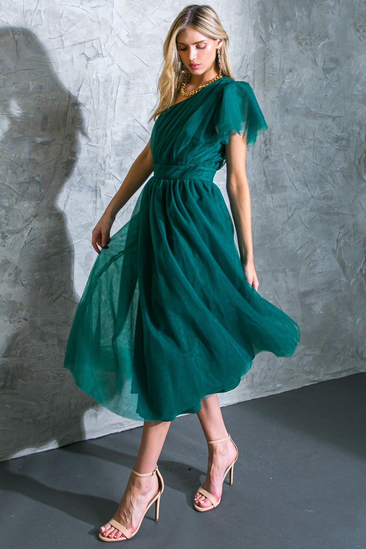 zSALE Charlotte One Shoulder Tulle Midi Dress - Teal