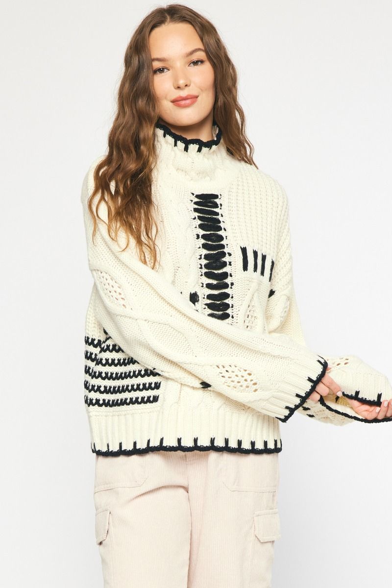 Chateau Chunky Cable Knit Stitch Long Sleeve Sweater Turtleneck