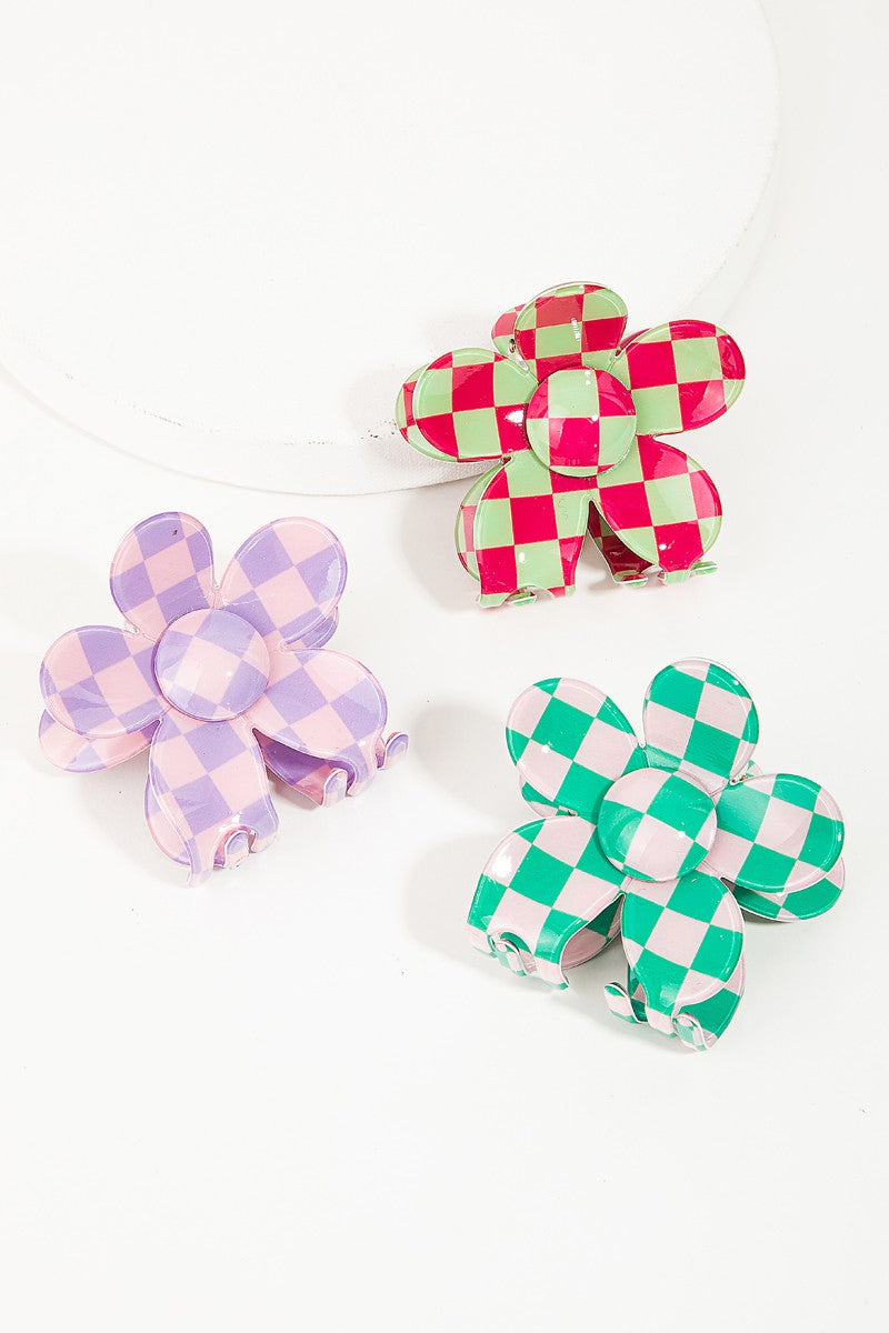 Checker Print Flower Hair Claw Clip Set - Multi