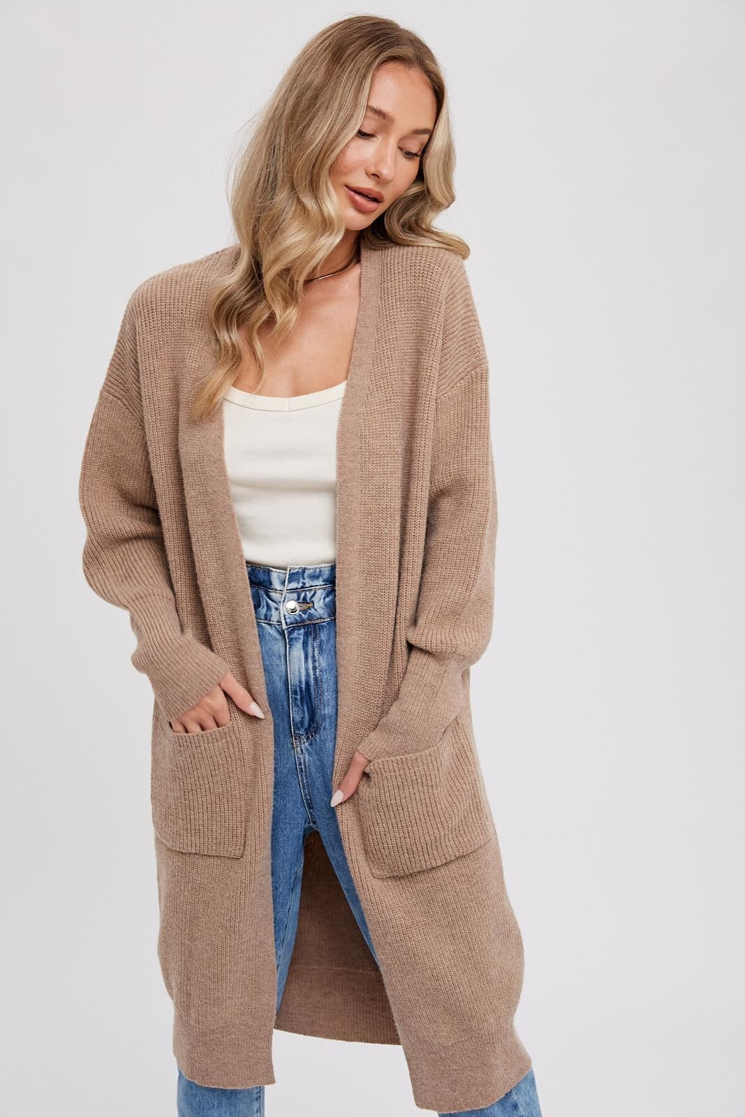 Chelsea Long Sleeve Mid Length Open Front Knit Cardigan - Latte