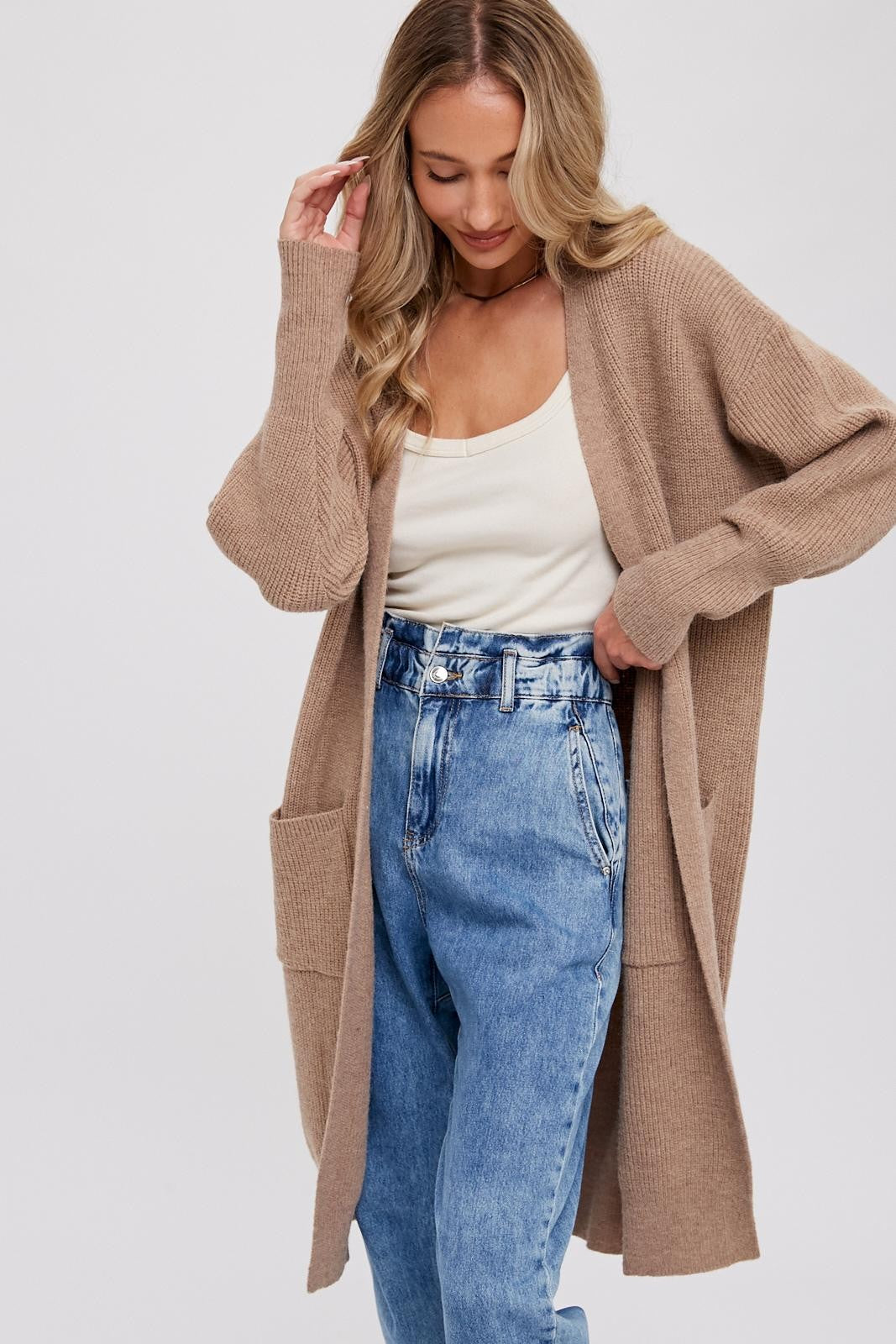Chelsea Long Sleeve Mid Length Open Front Knit Cardigan - Latte