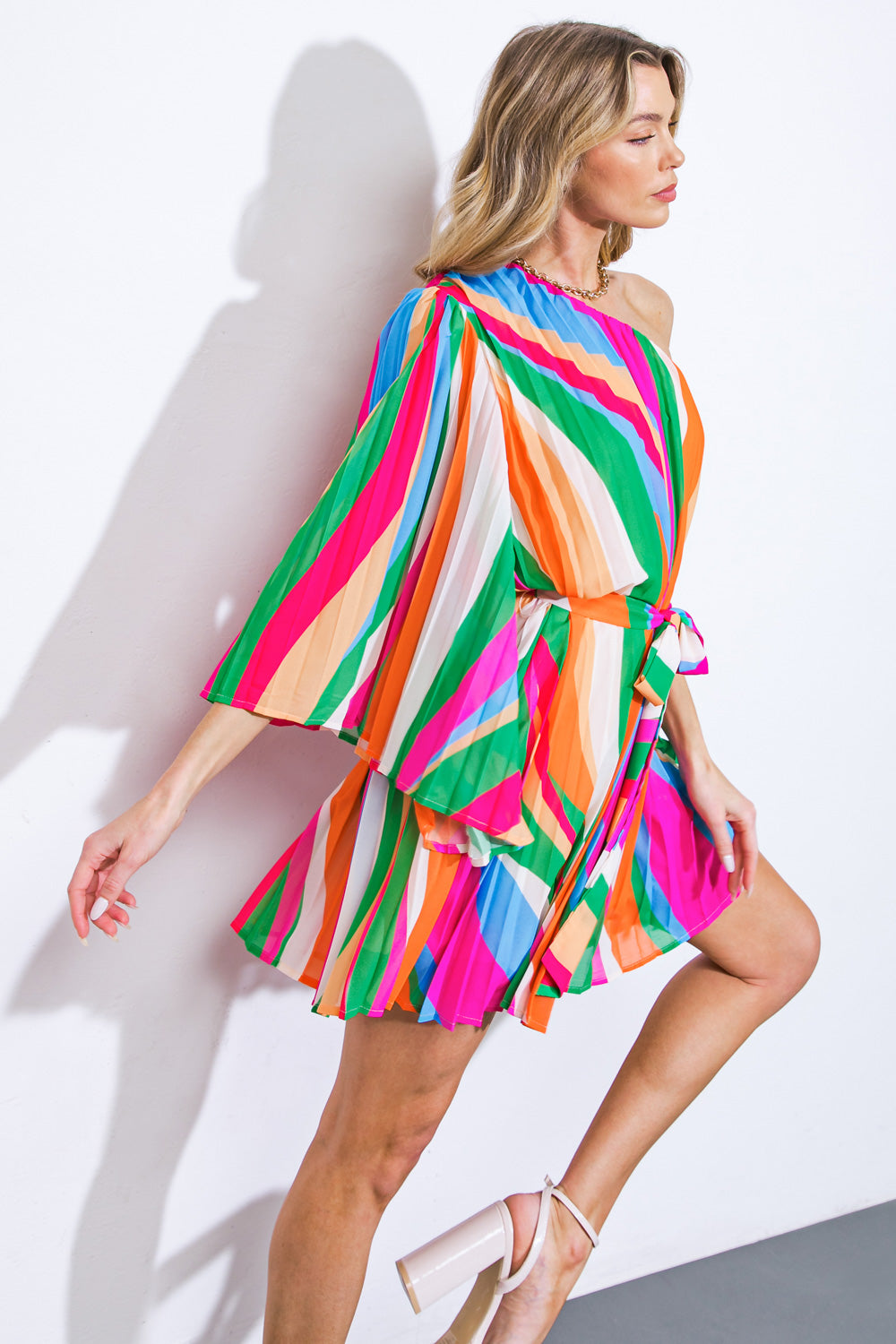 Cheval One Shoulder Bright Stripe Woven Mini Dress - Green Fuchsia