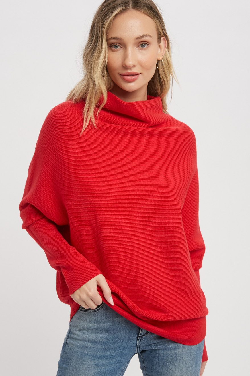Chloe Long Sleeve Dolman Pullover Sweater - Red