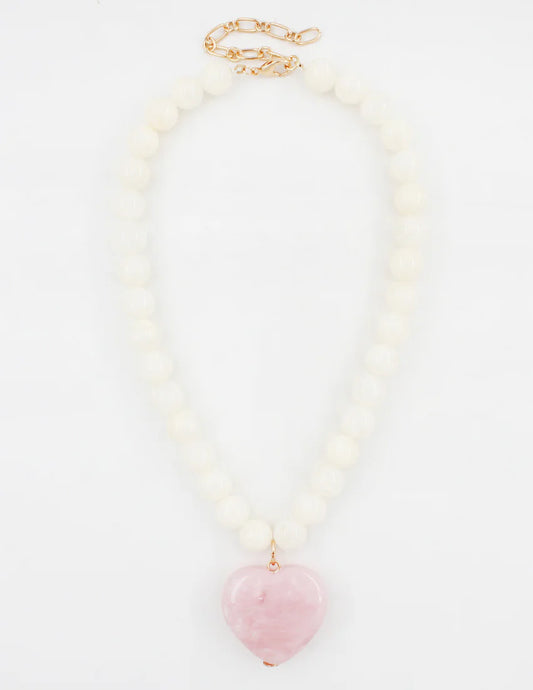 Clarette Beaded Necklace with Contrast Heart Pendant - White Pink