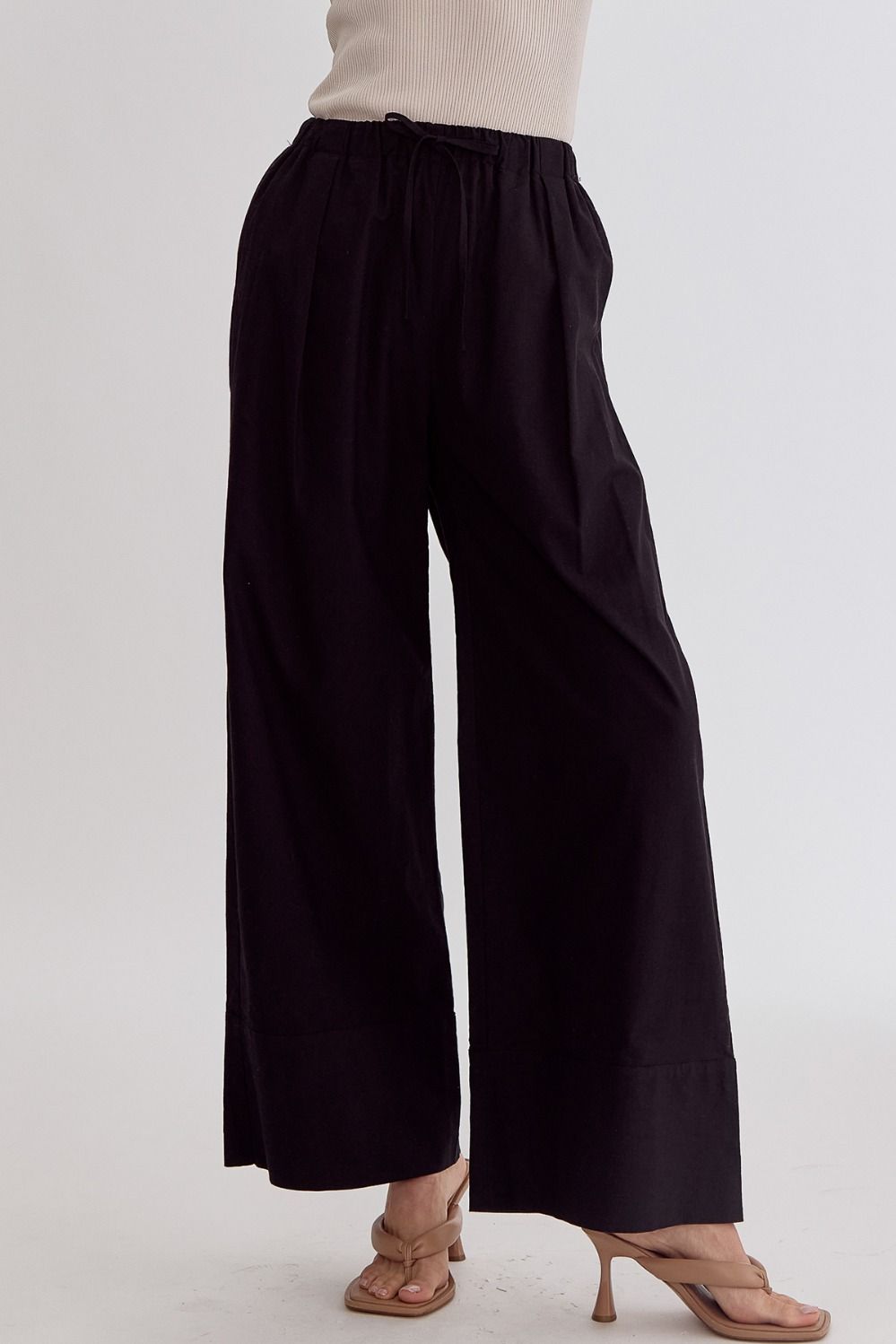 Classic Solid High Waisted Wide Leg Linen Drawstring Waist Pant - Black