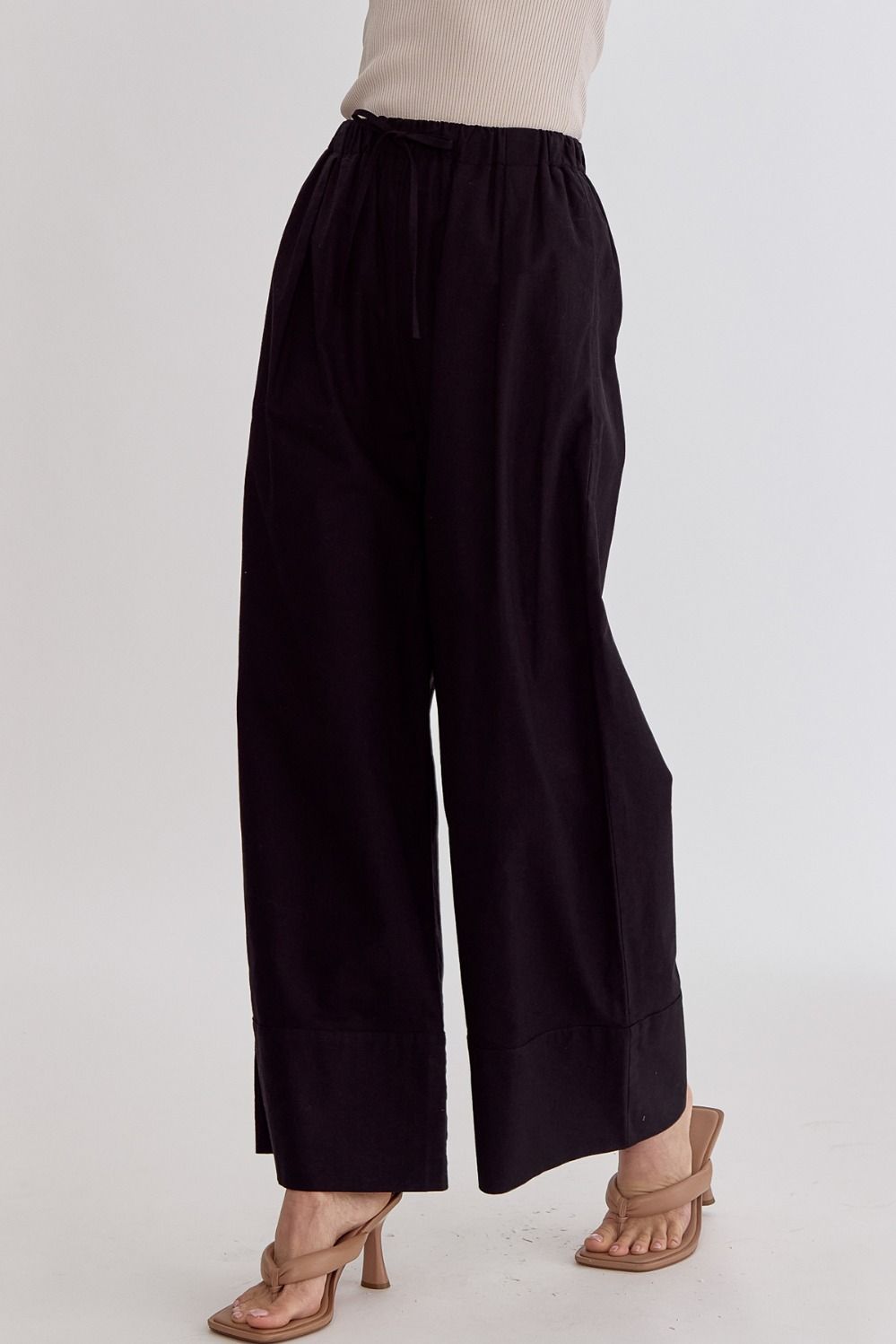 Classic Solid High Waisted Wide Leg Linen Drawstring Waist Pant - Black