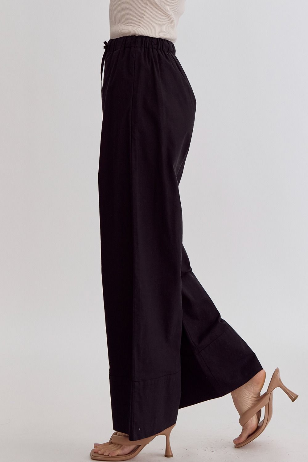 Classic Solid High Waisted Wide Leg Linen Drawstring Waist Pant - Black