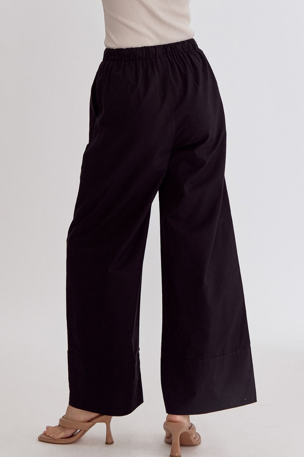 Classic Solid High Waisted Wide Leg Linen Drawstring Waist Pant - Black