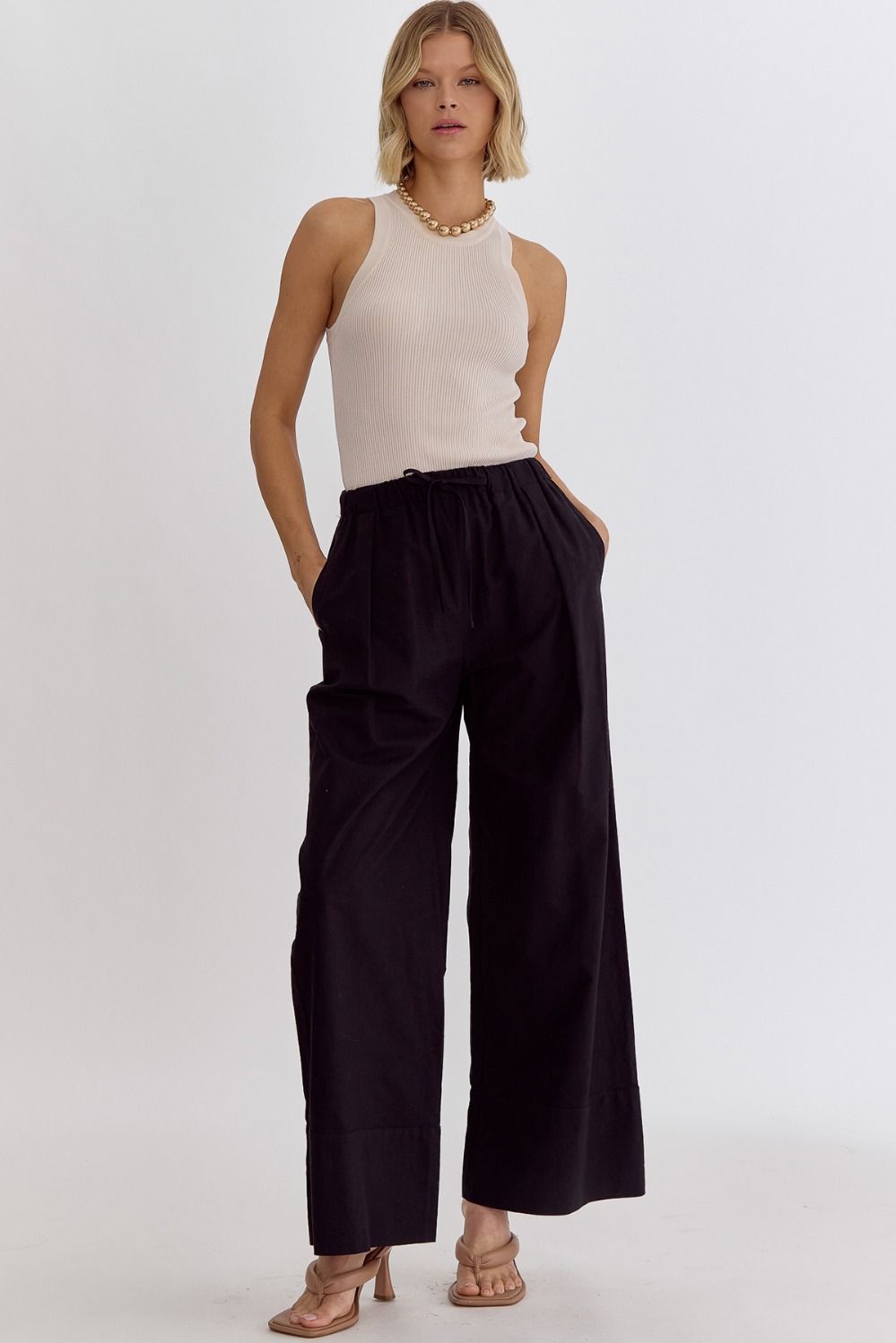 Classic Solid High Waisted Wide Leg Linen Drawstring Waist Pant - Black