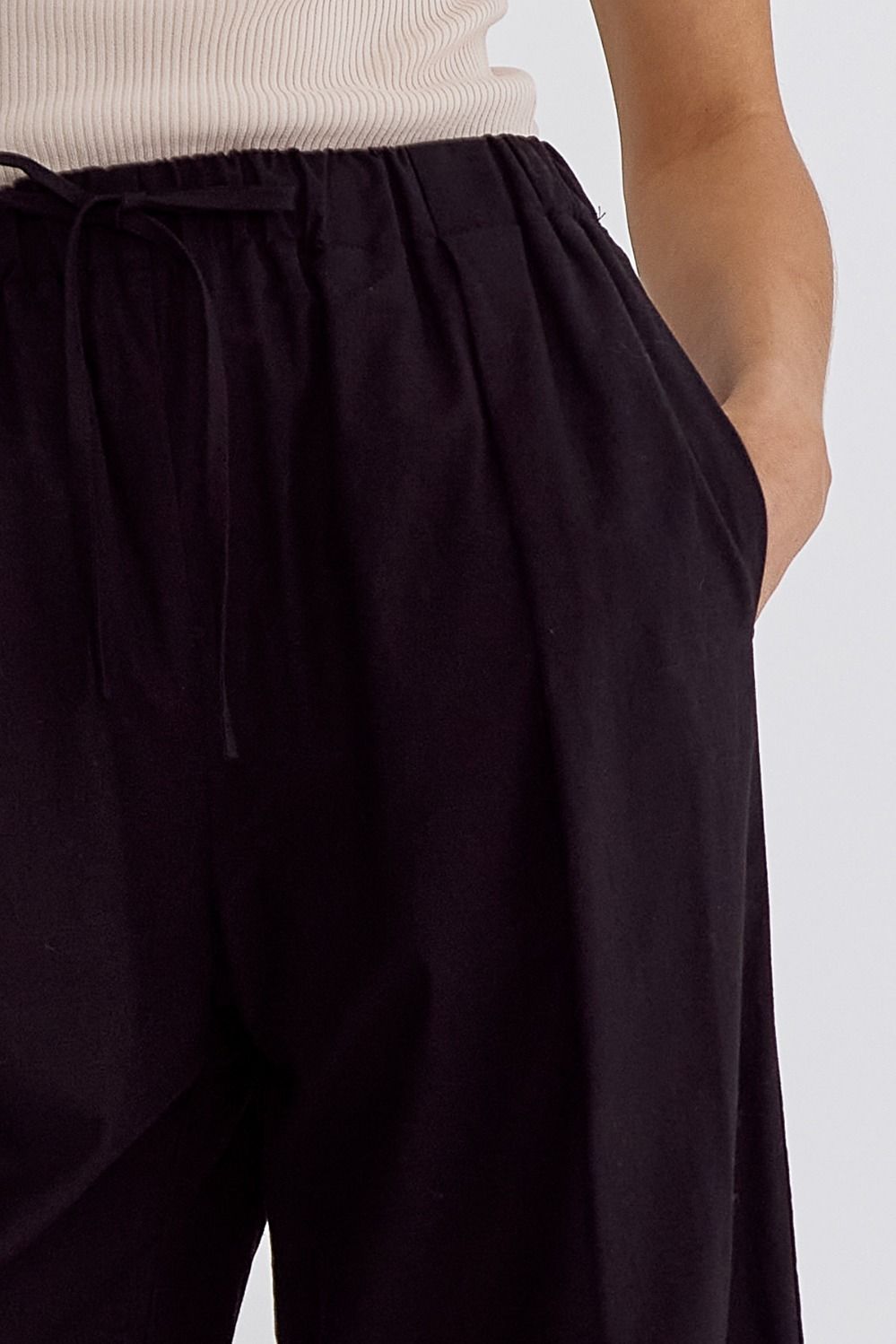 Classic Solid High Waisted Wide Leg Linen Drawstring Waist Pant - Black