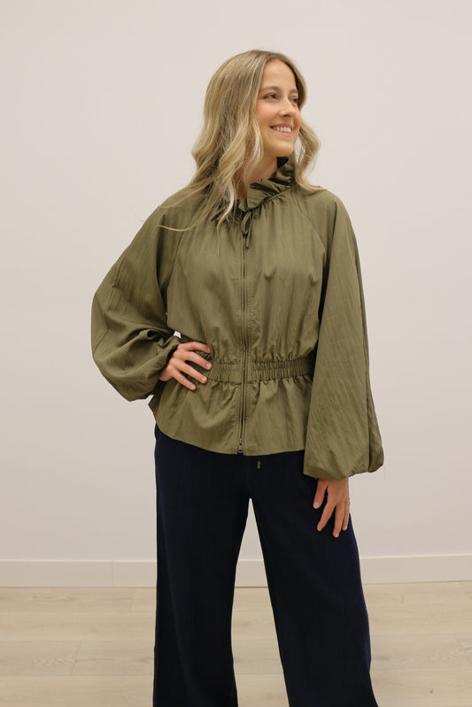 Claudette Cinched Waist Balloon Sleeve Mock Neck Jacket - Olive Green