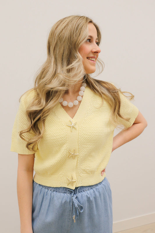 Coastal Starfish Button Short Sleeve Cardigan - Pale Yellow
