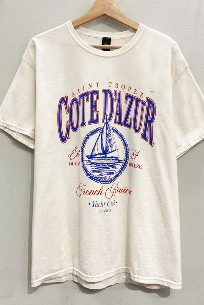Cote D'Azur French Riviera Yacht Club Oversized Short Sleeve Tee - Natural
