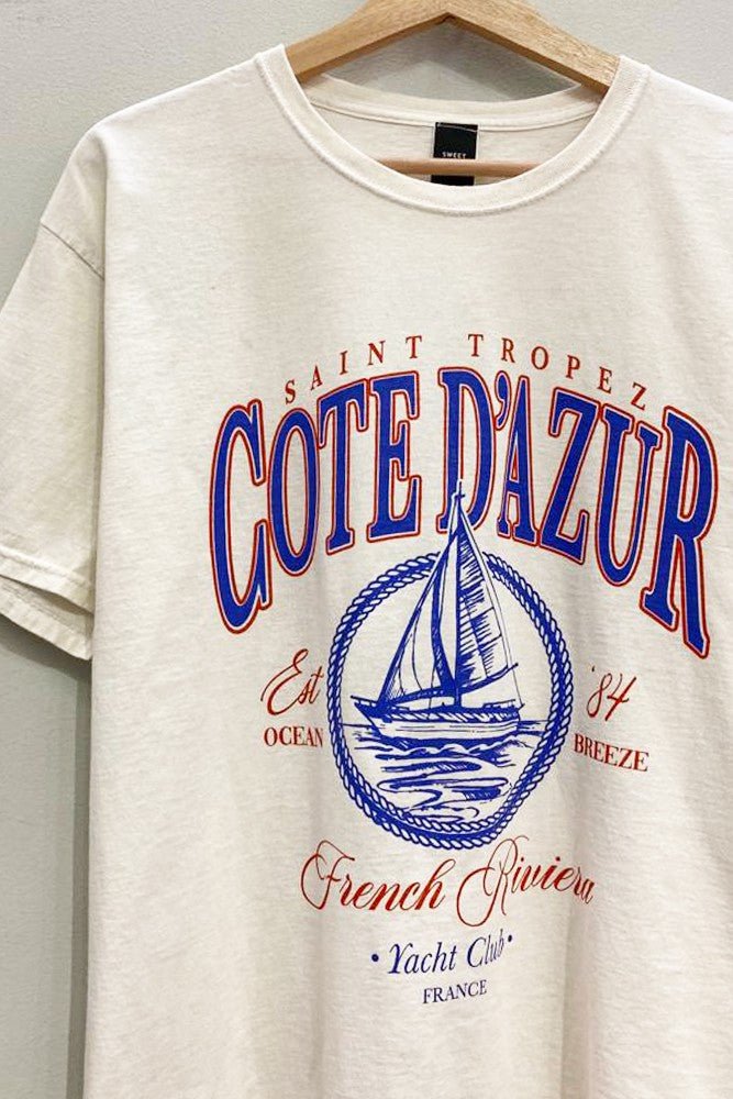 Cote D'Azur French Riviera Yacht Club Oversized Short Sleeve Tee - Natural