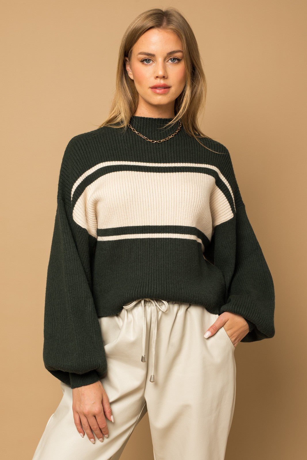 Dara Contrast Stripe Long Sleeve Sweater Pullover - Hunter Green