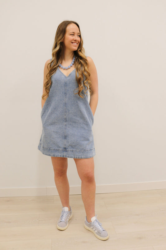 Dara Washed Denim Sleeveless V Neck Mini Dress - Light Blue