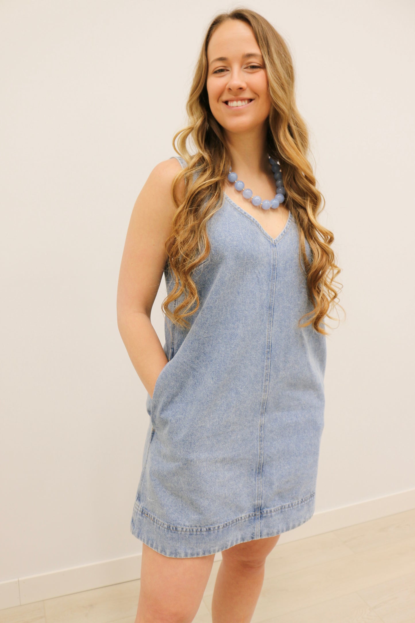 Dara Washed Denim Sleeveless V Neck Mini Dress - Light Blue