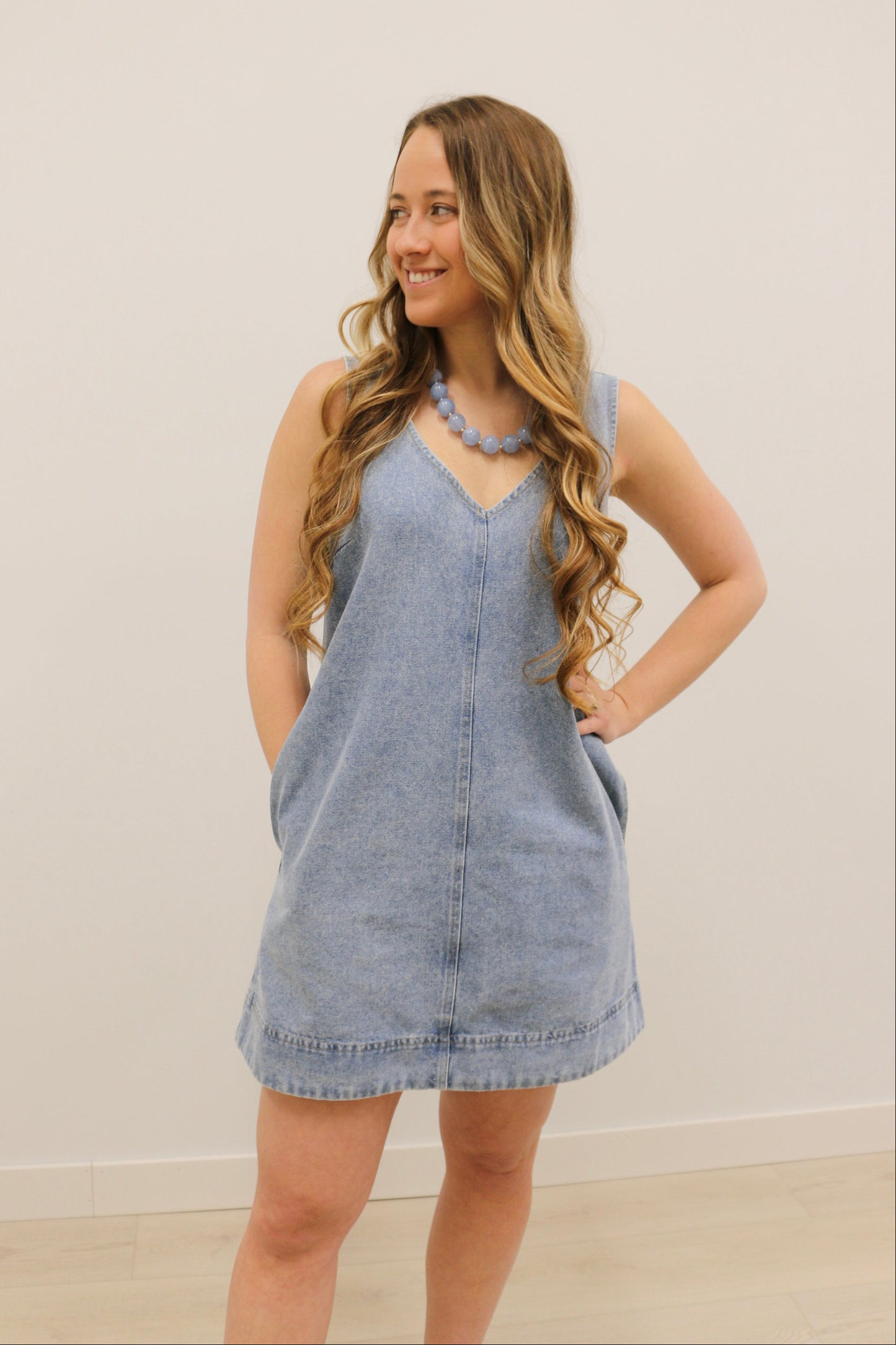 Dara Washed Denim Sleeveless V Neck Mini Dress - Light Blue
