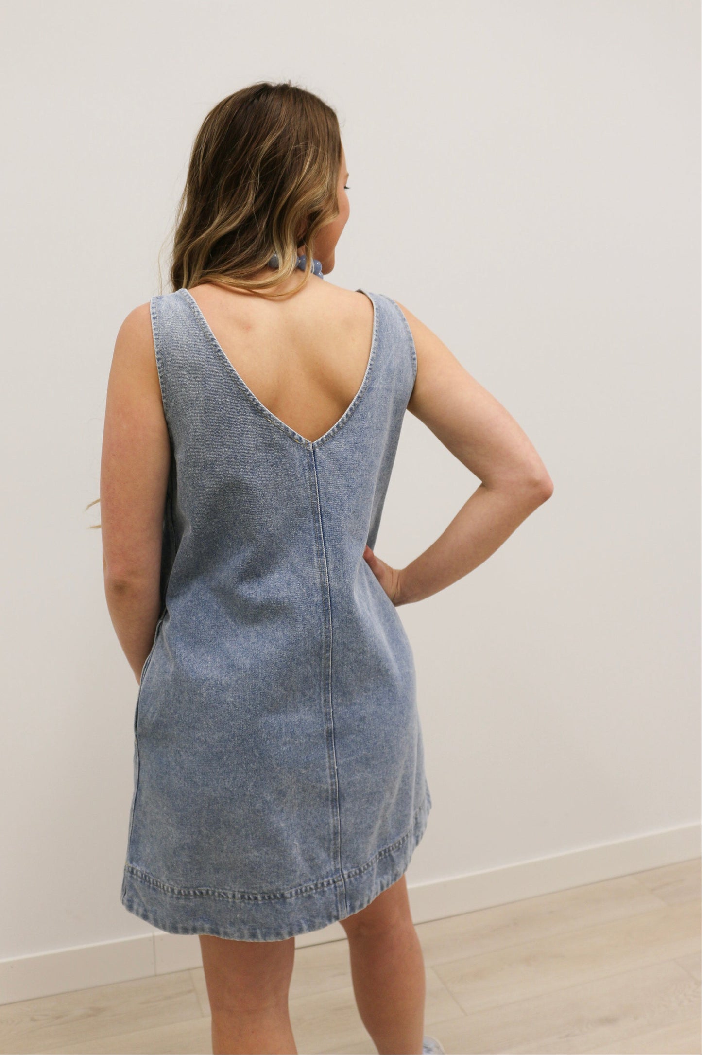 Dara Washed Denim Sleeveless V Neck Mini Dress - Light Blue