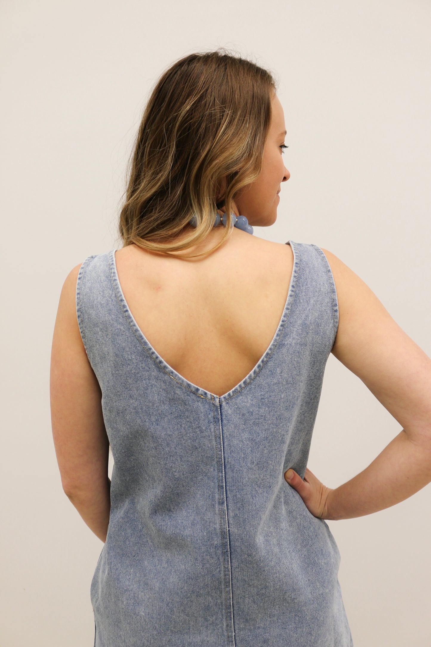 Dara Washed Denim Sleeveless V Neck Mini Dress - Light Blue