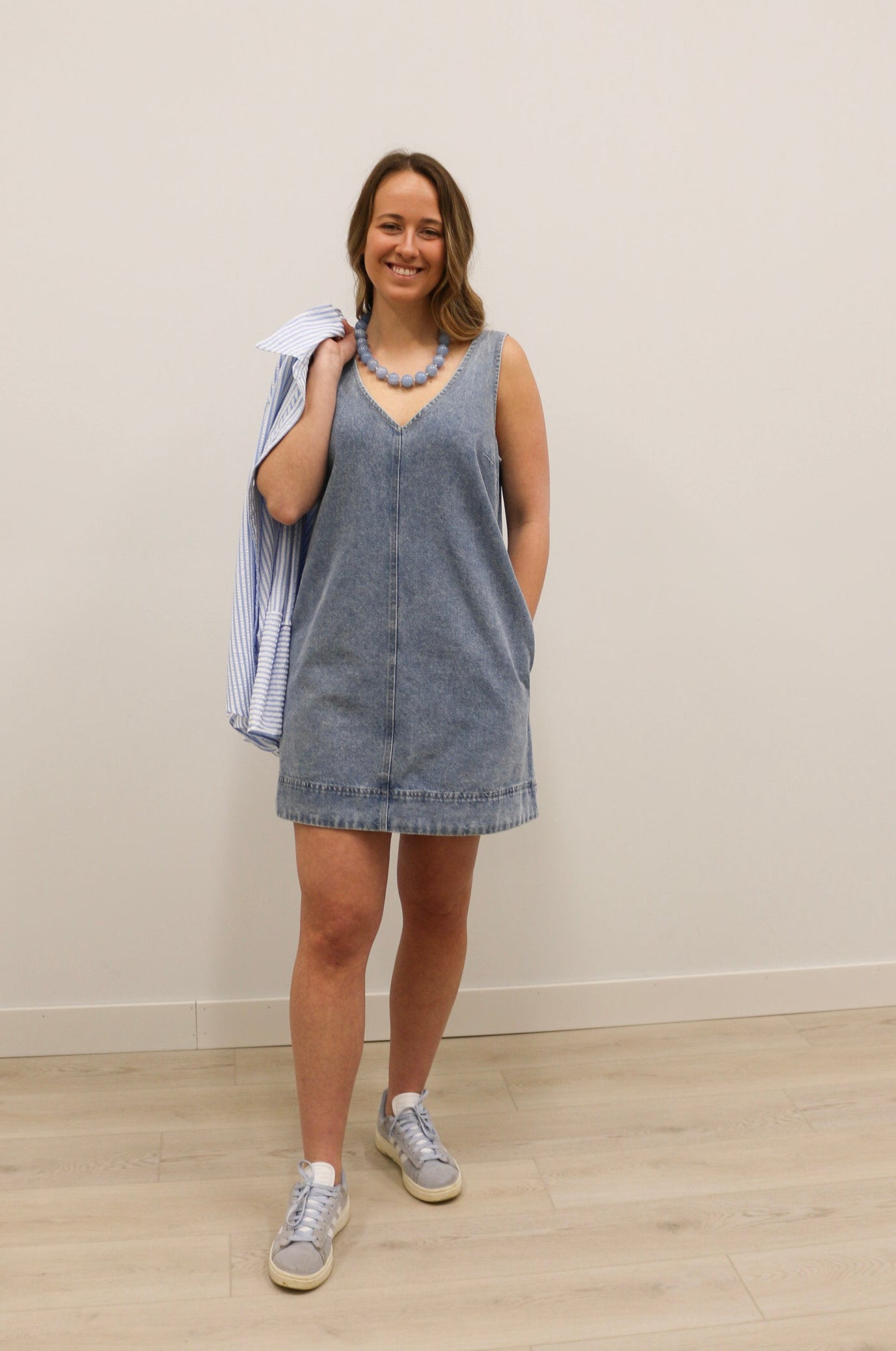 Dara Washed Denim Sleeveless V Neck Mini Dress - Light Blue