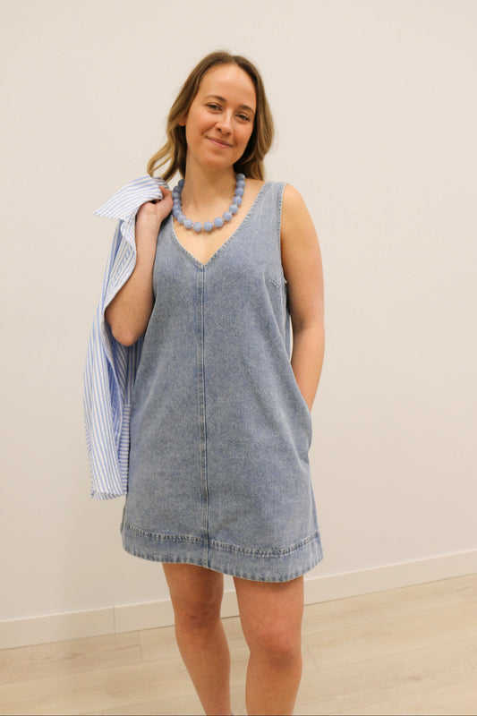 Dara Washed Denim Sleeveless V Neck Mini Dress - Light Blue