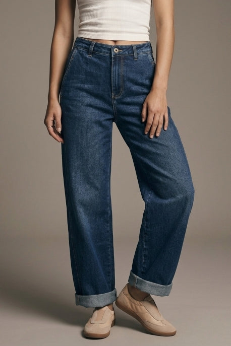Amber Relaxed Wide-Leg Cuffed Denim Jeans - Dark Wash