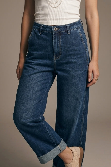 Amber Relaxed Wide-Leg Cuffed Denim Jeans - Dark Wash
