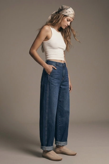 Amber Relaxed Wide-Leg Cuffed Denim Jeans - Dark Wash