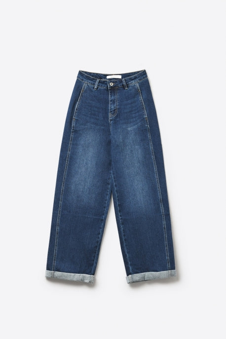 Amber Relaxed Wide-Leg Cuffed Denim Jeans - Dark Wash