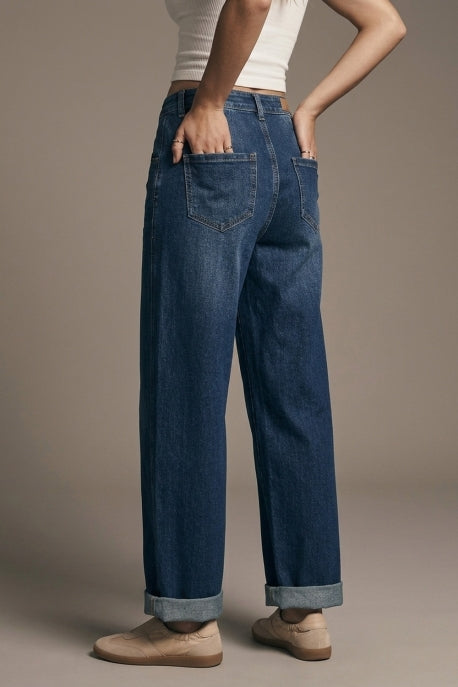 Amber Relaxed Wide-Leg Cuffed Denim Jeans - Dark Wash