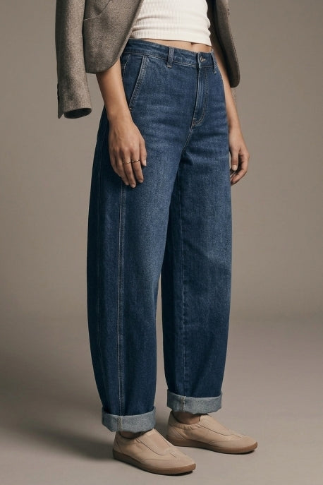 Amber Relaxed Wide-Leg Cuffed Denim Jeans - Dark Wash