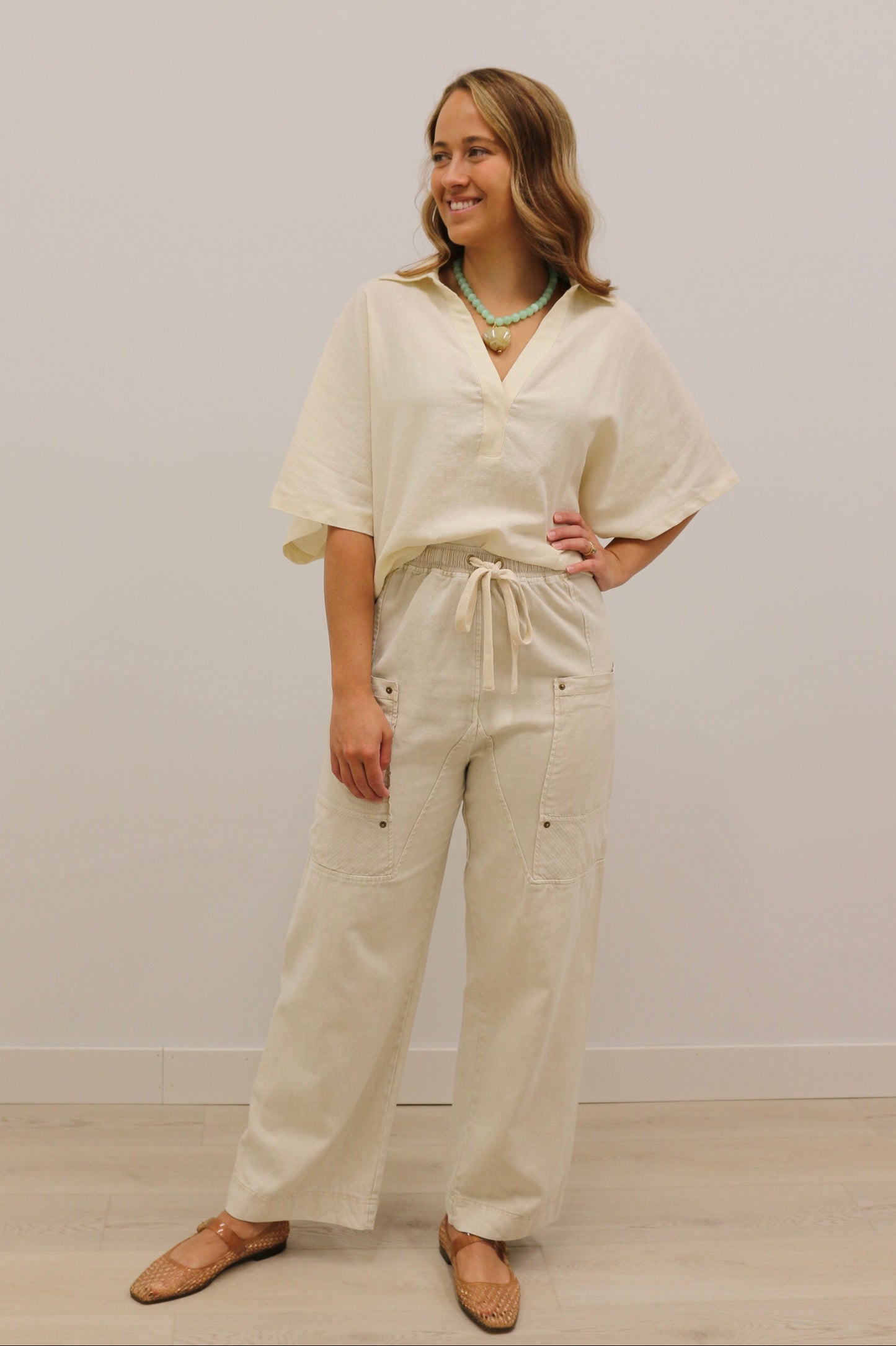 Devyn Drawstring Waist Wide Leg Utility Trouser - Natural Cream