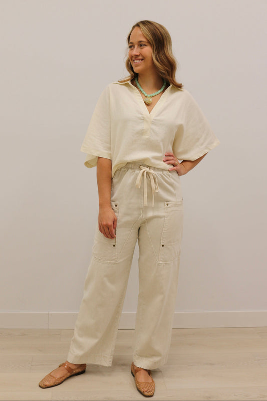 Devyn Drawstring Waist Wide Leg Utility Trouser - Natural Cream