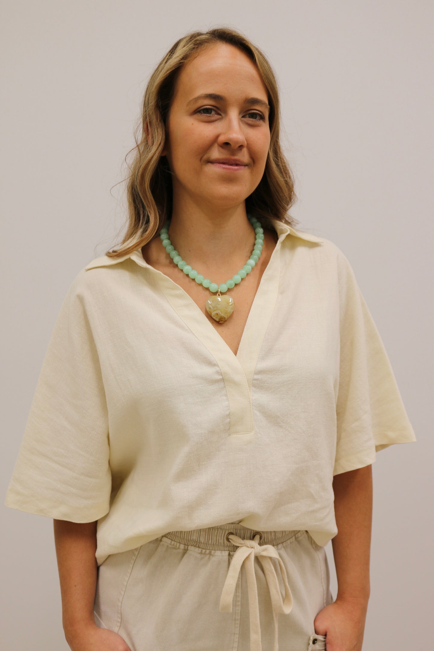 Raleigh Textured Drape Sleeve Collared Blouse - Light Linen