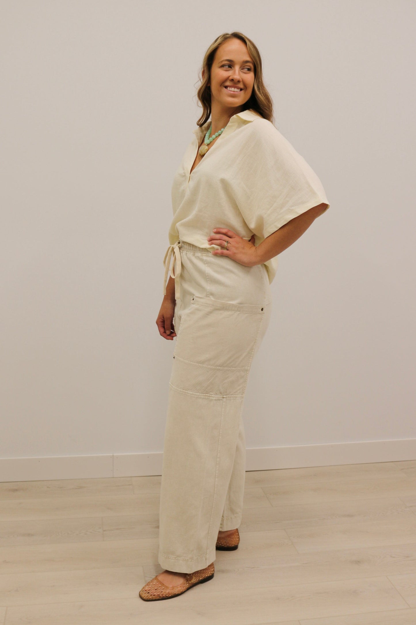 Devyn Drawstring Waist Wide Leg Utility Trouser - Natural Cream