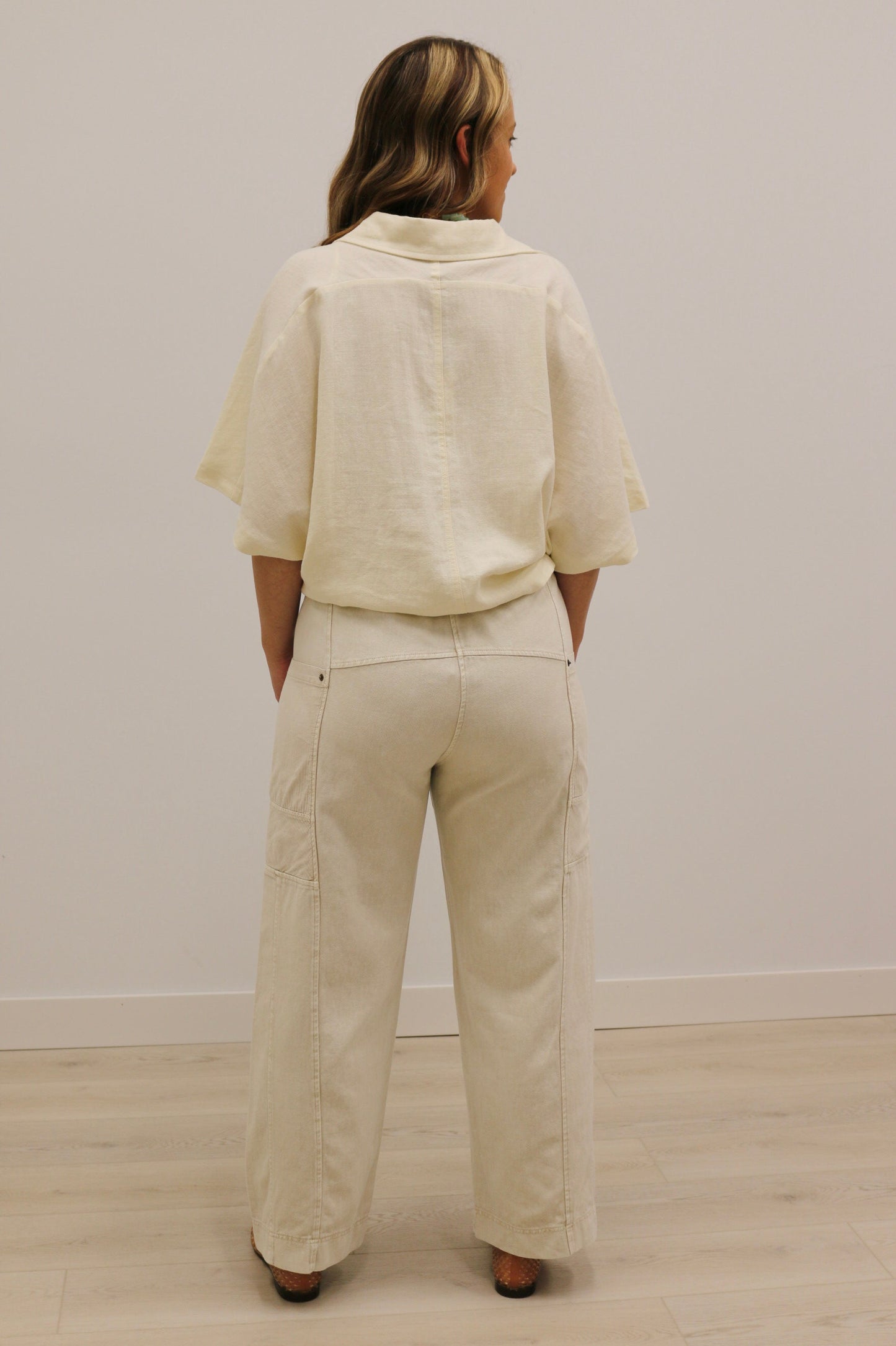 Devyn Drawstring Waist Wide Leg Utility Trouser - Natural Cream