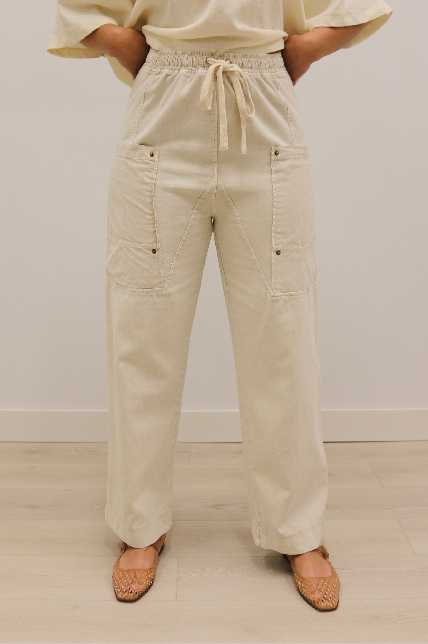 Devyn Drawstring Waist Wide Leg Utility Trouser - Natural Cream