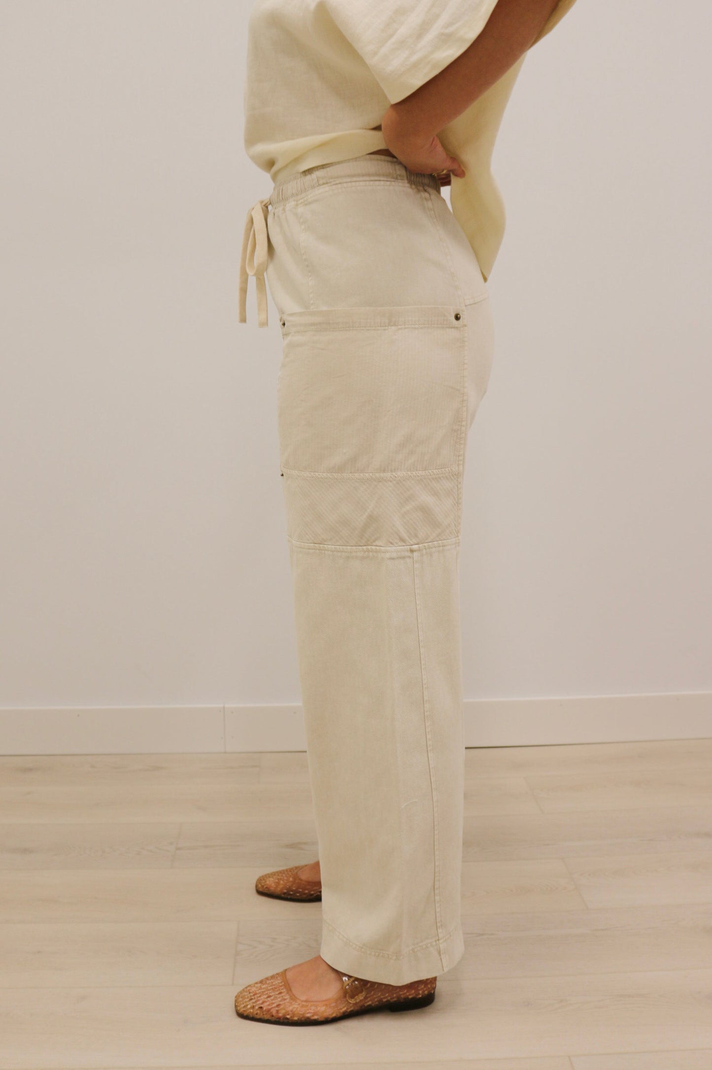 Devyn Drawstring Waist Wide Leg Utility Trouser - Natural Cream