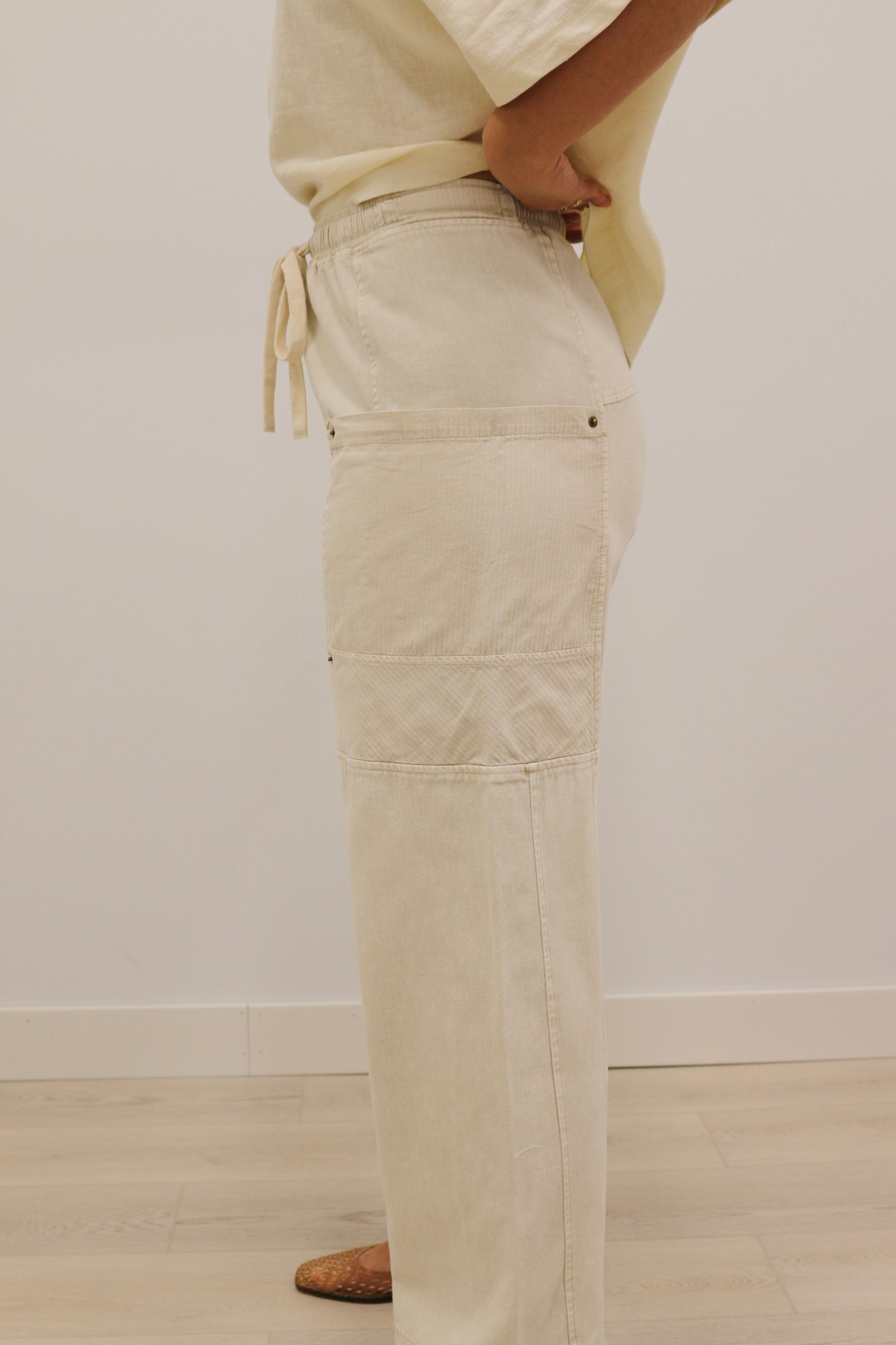 Devyn Drawstring Waist Wide Leg Utility Trouser - Natural Cream