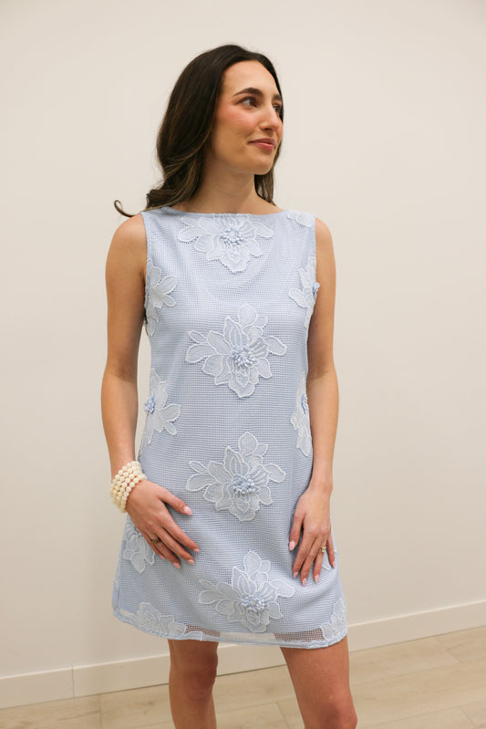 Dianna 3D Floral Cage Embroidery Boat Neckline Sleeveless Mini Shift Dress - Light Blue