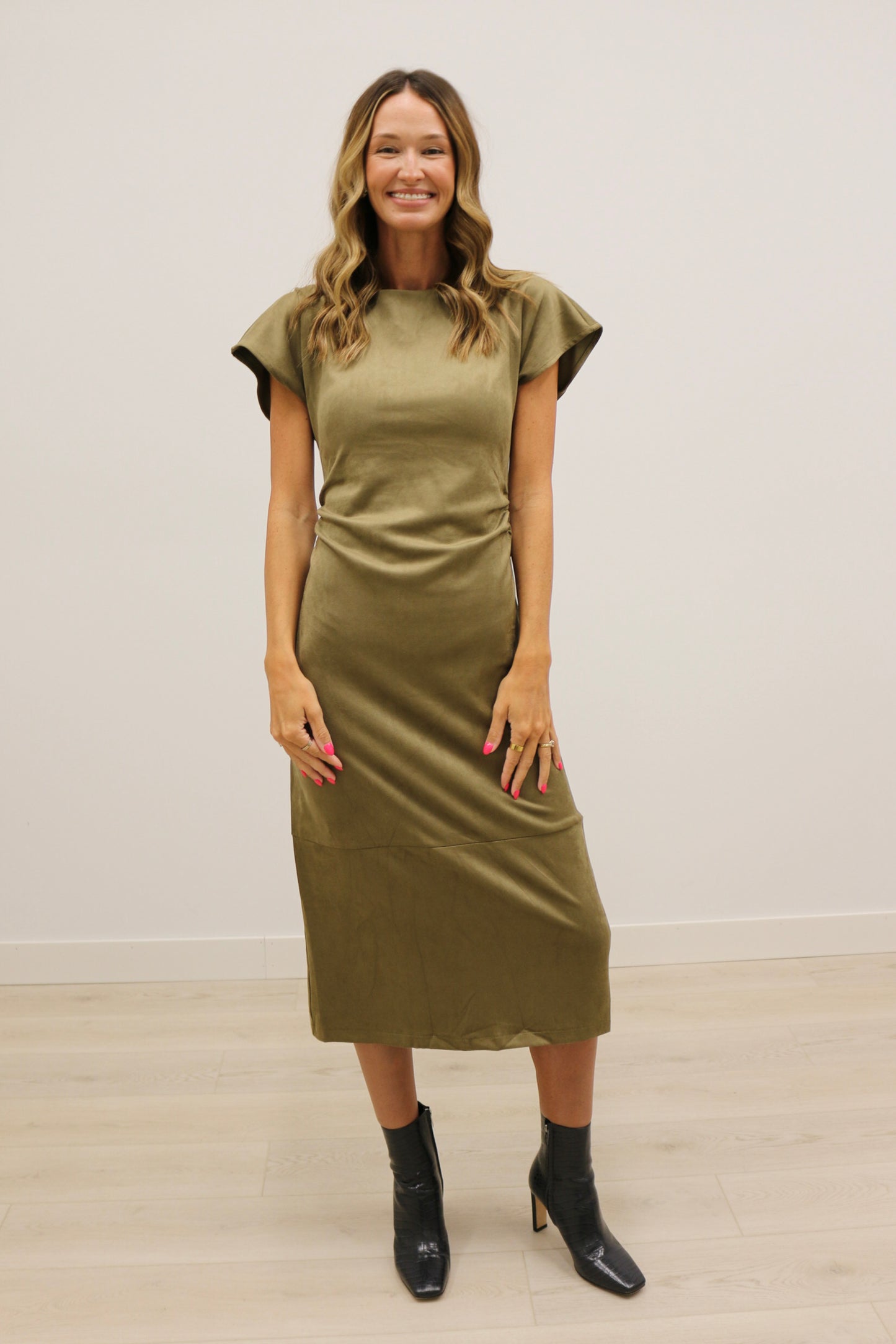Diora Faux Suede Short Sleeve Draped Neckline Midi Dress - Olive Green