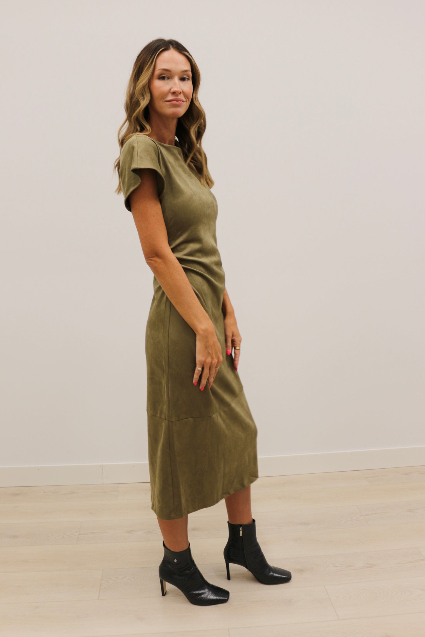 Diora Faux Suede Short Sleeve Draped Neckline Midi Dress - Olive Green