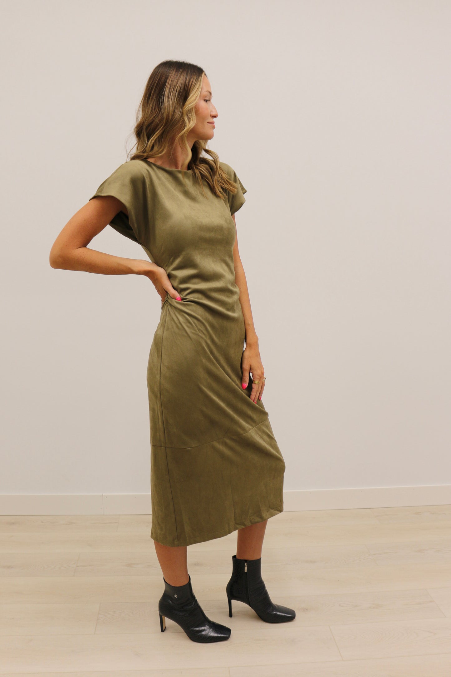 Diora Faux Suede Short Sleeve Draped Neckline Midi Dress - Olive Green