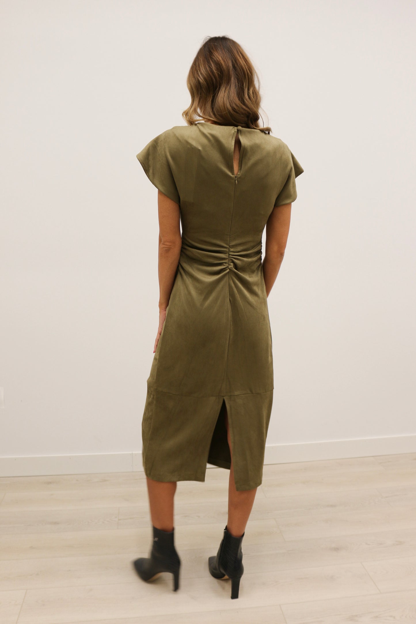 Diora Faux Suede Short Sleeve Draped Neckline Midi Dress - Olive Green