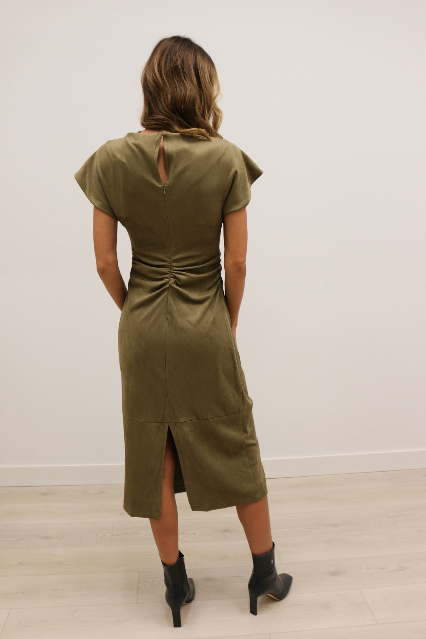 Diora Faux Suede Short Sleeve Draped Neckline Midi Dress - Olive Green